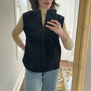 Vintage 90s Genuine Leather Patchwork Knit Vest Double Zip L
